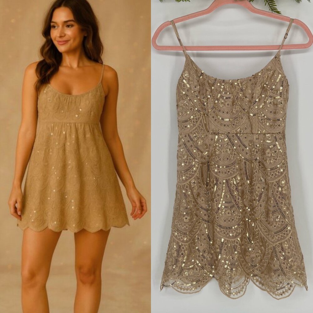 Here Comes The Sun Gold Sequin Mini Dress Boho Babydoll Fairycore Party Glam USA